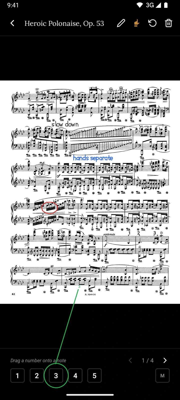 The score reader with the fingering palette open: the prompt Drag a number onto a note, buttons 1 to 5, and a green trail from the 3 up to the note it has been dropped on.