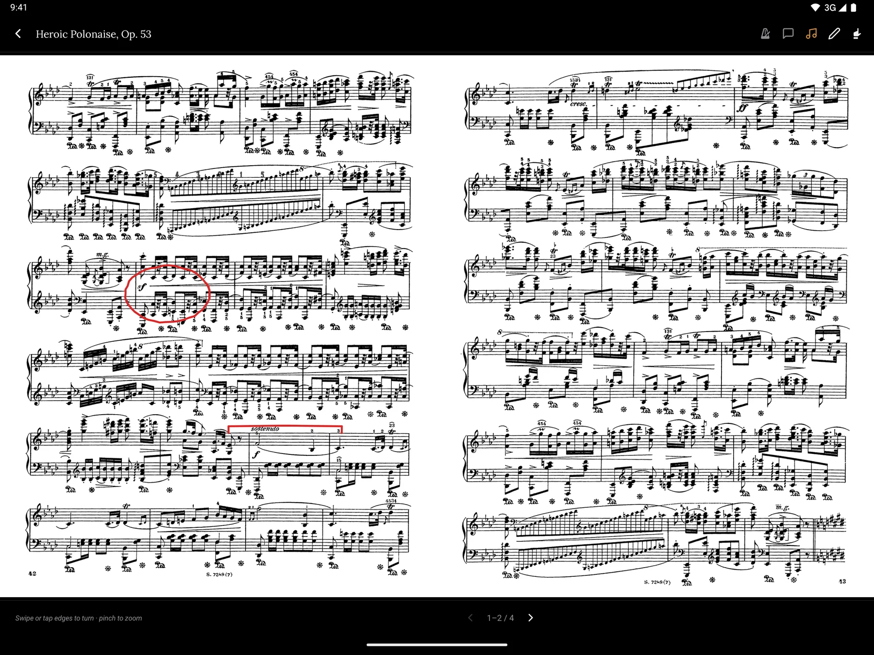 Ludwig's score reader on a tablet in landscape, showing a two-page spread of the Heroic Polonaise carrying a red ring around one bar and a pencilled bracket over another