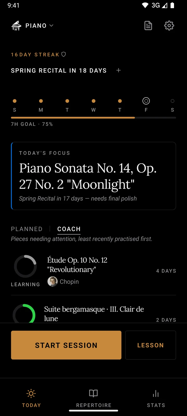 The same screen with Coach selected: "pieces needing attention, least recently practised first", and the queue in a different order, led by the Revolutionary Etude at four days