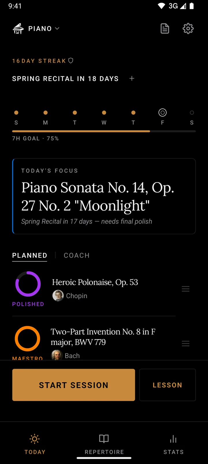 Ludwig's Today screen: a practice streak, a countdown to the Chopin Eisteddfod, a weekly goal at 69 percent, today's focus piece, and the practice queue